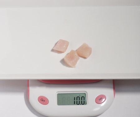 10g portion of chicken breast cut into 1.5cm cubes
